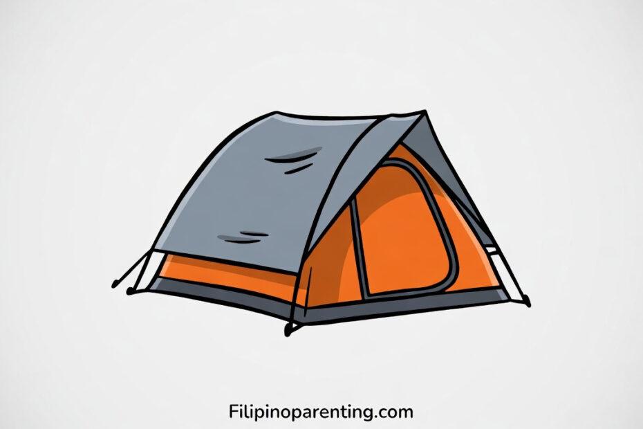 Tagalog camping words: A stylized vector illustration of an orange and grey camping tent, known locally as a tolda.