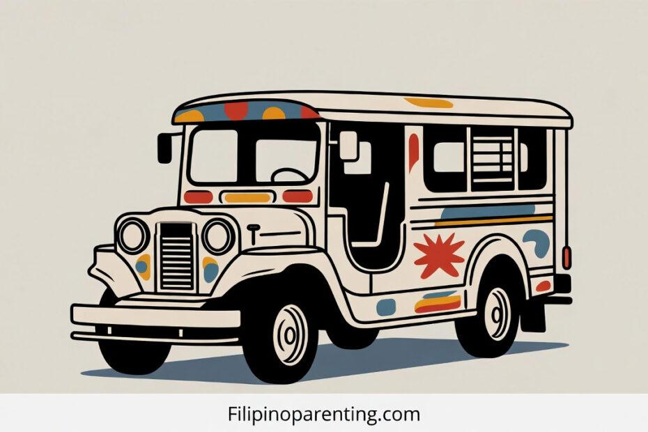 Tagalog Jeepney Phrases: A stylized vector illustration of a traditional Filipino jeepney with colorful geometric patterns.