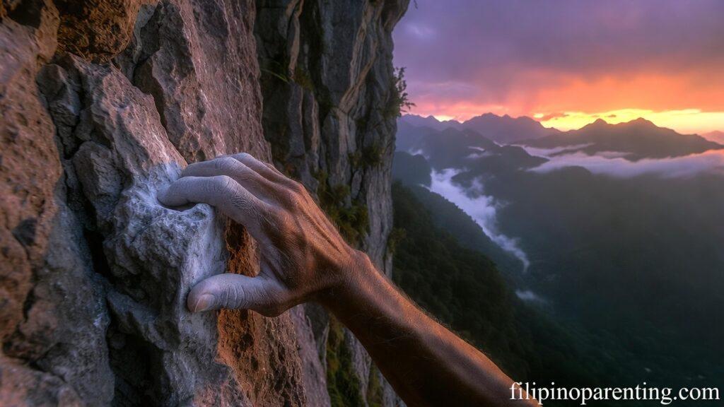 Tagalog Quotes About Determination: 5 Unstoppable Truths for Success A hand climbing a cliff at sunrise representing Tagalog quotes about determination.