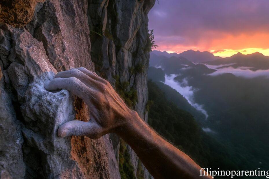 A hand climbing a cliff at sunrise representing Tagalog quotes about determination.