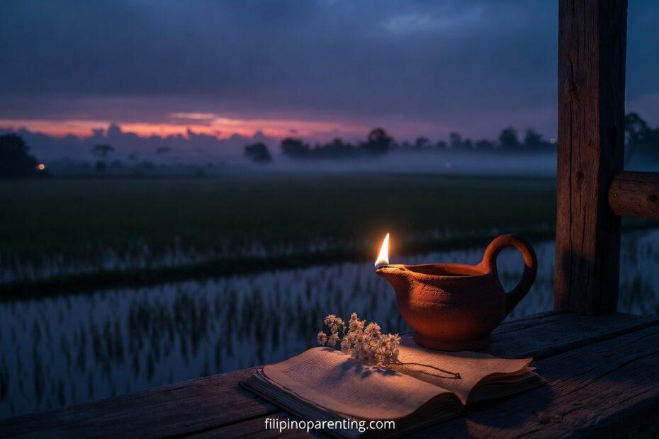 A small lamp at dawn representing Tagalog quotes about inspiration.