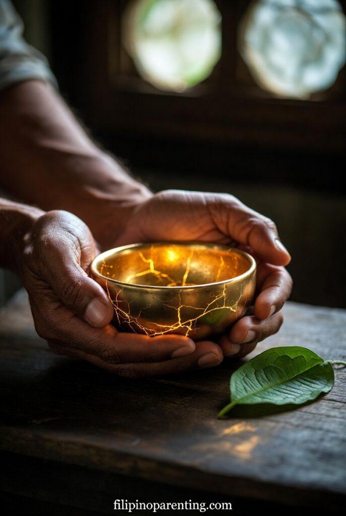 Tagalog Quotes About Love That Heals: 5 Restorative Truths for the Soul Hands holding repaired pottery in soft light representing Tagalog quotes about love that heals.