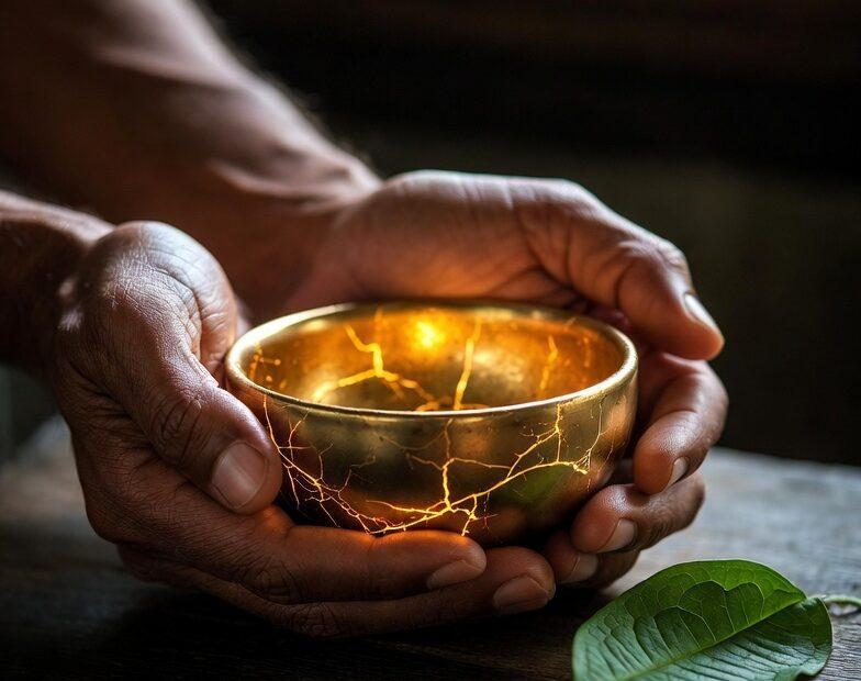 Hands holding repaired pottery in soft light representing Tagalog quotes about love that heals.