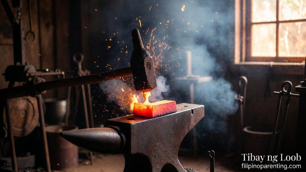 Tagalog Quotes About Struggle: 5 Unbreakable Truths for the Soul Red-hot iron on an anvil representing Tagalog quotes about struggle.