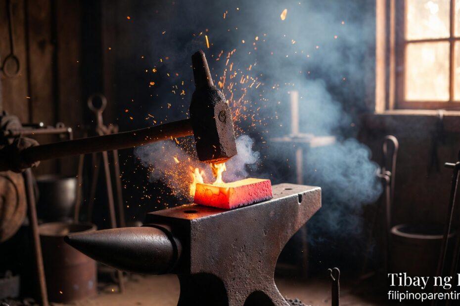 Red-hot iron on an anvil representing Tagalog quotes about struggle.