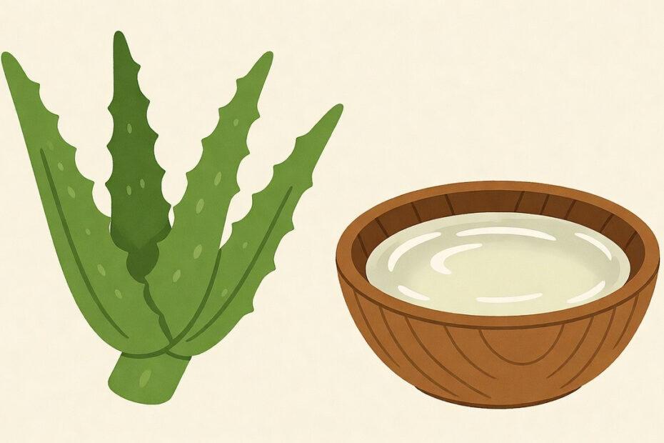 Tagalog skincare routine words: An illustration of an Aloe Vera plant and a bowl of clear natural gel used for traditional Filipino beauty treatments.