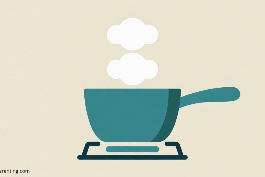 Illustration of a boiling pot on a stove used to teach Tagalog verb conjugation for cooking.