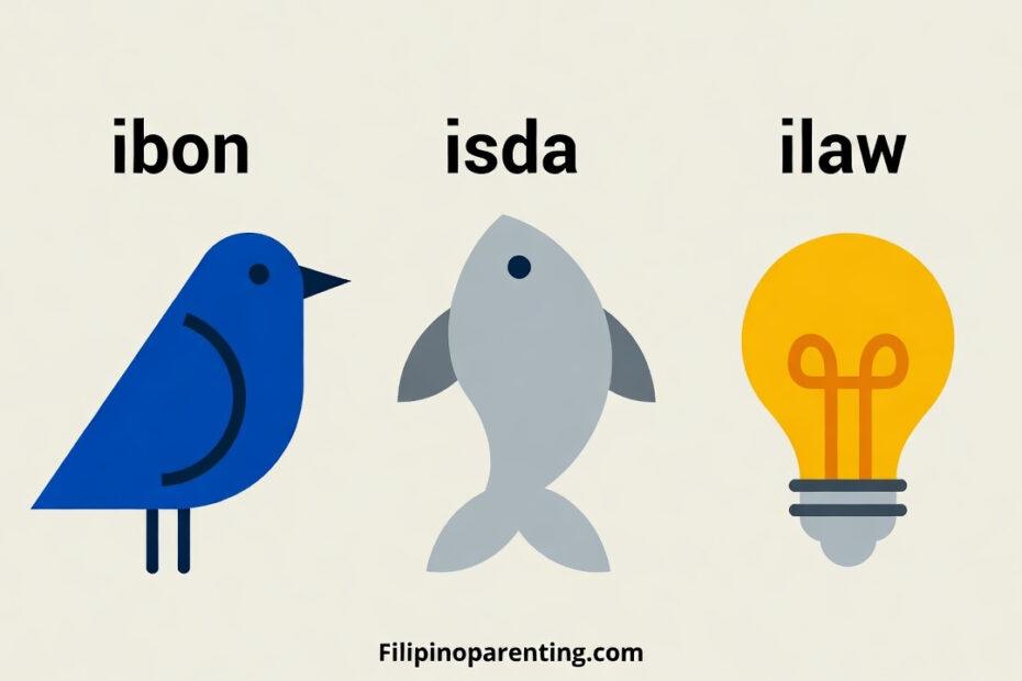 Tagalog words starting with I: ibon (bird), isda (fish), and ilaw (light).