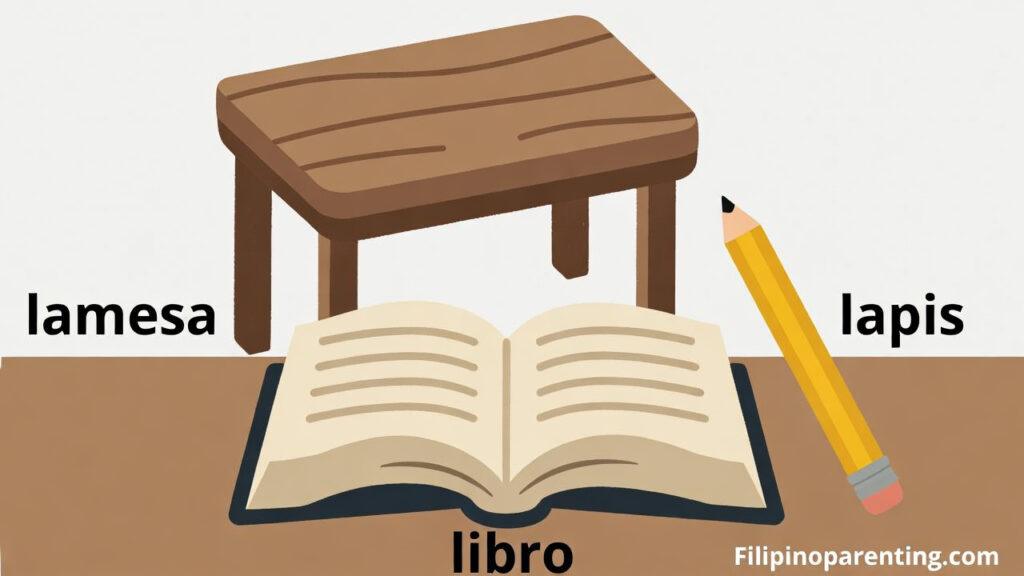 Tagalog Words Starting with L: 10 Essential Words + Meanings, Pronunciation & Example Sentences Tagalog words starting with L: lamesa (table), libro (book), and lapis (pencil).