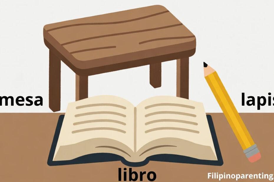 Tagalog words starting with L: lamesa (table), libro (book), and lapis (pencil).