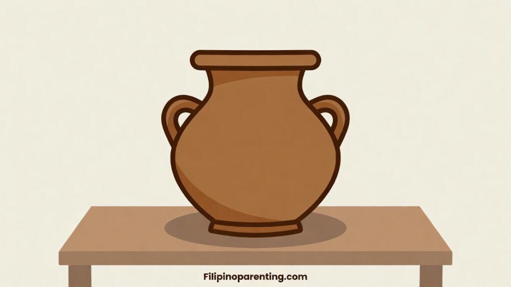 Tagalog Words Starting with P: 15 Essential & Beautiful Words for Beginners Tagalog words starting with P: A stylized vector illustration of a brown clay pot (palayok) sitting on a wooden table.
