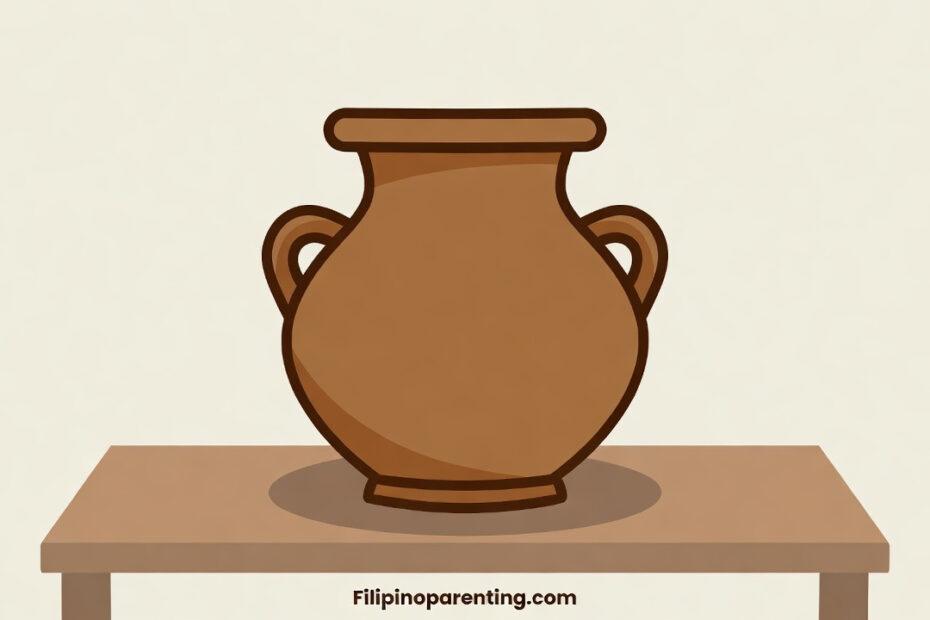 Tagalog words starting with P: A stylized vector illustration of a brown clay pot (palayok) sitting on a wooden table.
