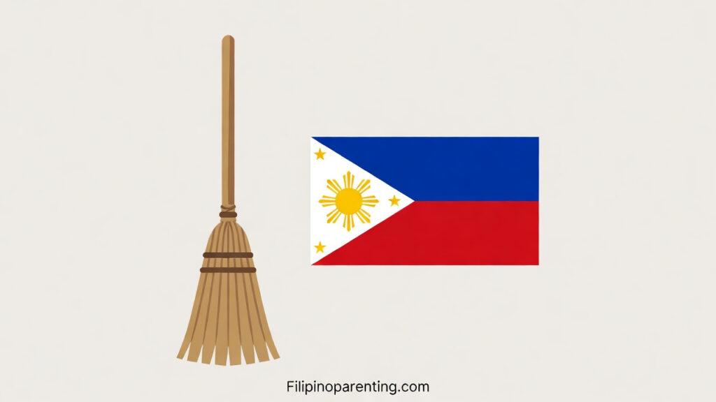 Tagalog Words Starting with W: 15 Essential & Useful Words for Everyday Conversations Tagalog Words Starting with W: A stylized vector illustration of a traditional broom (walis) and the Philippine flag (watawat) on a neutral background.