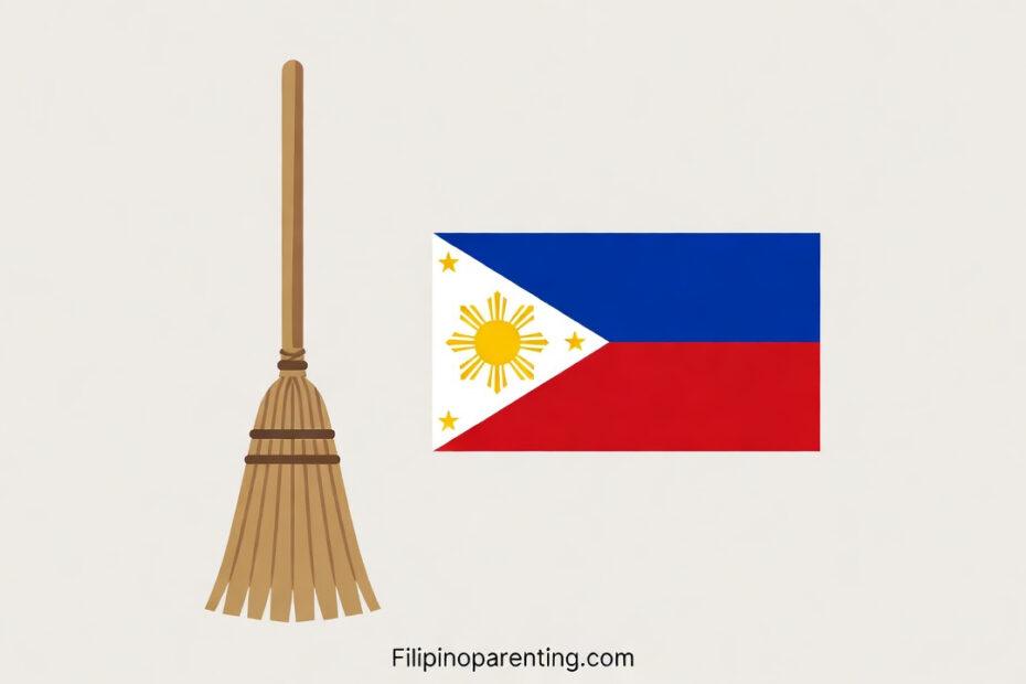 Tagalog Words Starting with W: A stylized vector illustration of a traditional broom (walis) and the Philippine flag (watawat) on a neutral background.