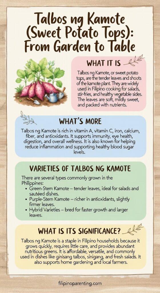 Filipino Vegetable Gardening: 10 Essential Vegetables for Your Backyard 🌱 Detailed infographic about Talbos ng Kamote (sweet potato tops) for Filipino vegetable gardening. It lists nutritional benefits like Vitamin A, C, and iron, and explains its significance in dishes like Sinigang and Ginisang Talbos.