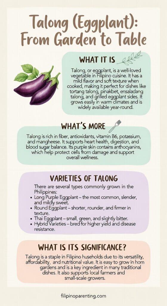 Filipino Vegetable Gardening: 10 Essential Vegetables for Your Backyard 🌱 Detailed infographic guide for Talong (Eggplant) in Filipino cooking, featuring varieties like Long Purple and Round Eggplant, nutritional benefits, and its role in dishes like Tortang Talong and Pinakbet.