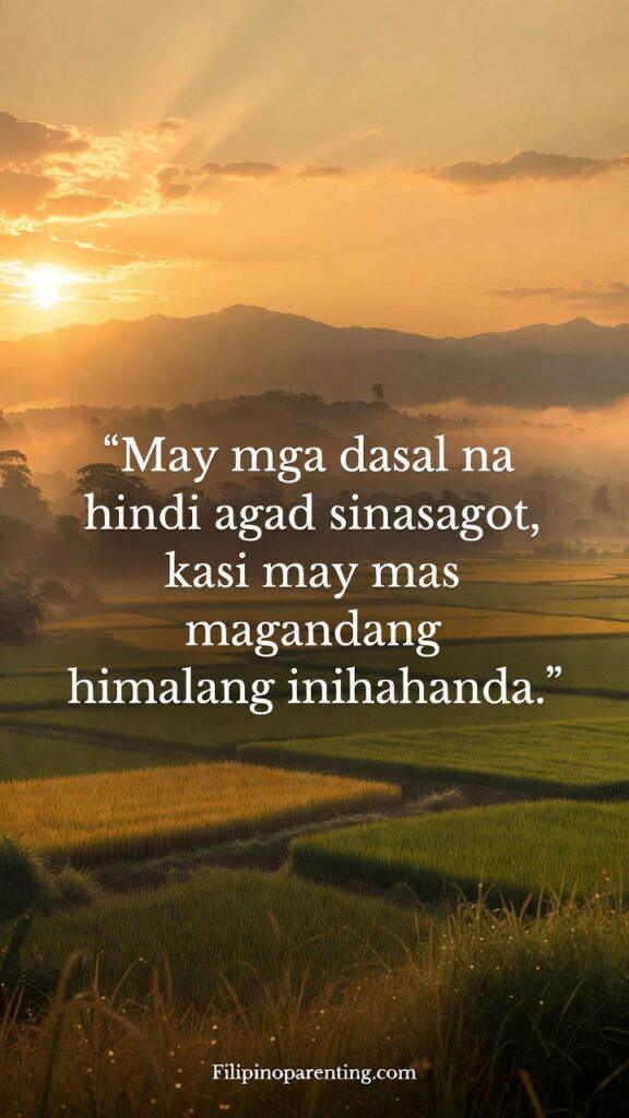 Tamang Panahon Quotes Tagalog: 5 Miraculous Reflections on Faith Inspirational sunrise image over Filipino rice fields with a Tagalog quote about divine timing.