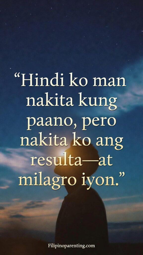 Tamang Panahon Quotes Tagalog: 5 Miraculous Reflections on Faith A peaceful dawn sky with a Tagalog quote about unseen miracles.