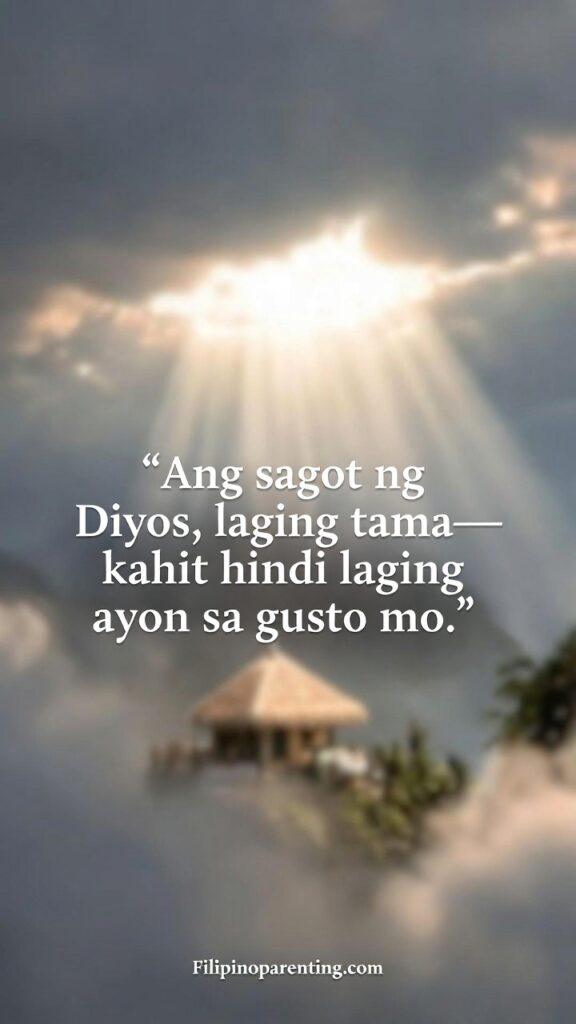 Tamang Panahon Quotes Tagalog: 5 Miraculous Reflections on Faith Soft sky with light breaking through clouds and a Tagalog quote about God’s perfect answers.