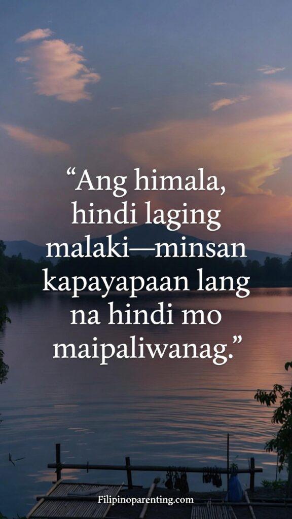 Tamang Panahon Quotes Tagalog: 5 Miraculous Reflections on Faith A peaceful lakeside scene with a Tagalog quote about quiet miracles.
