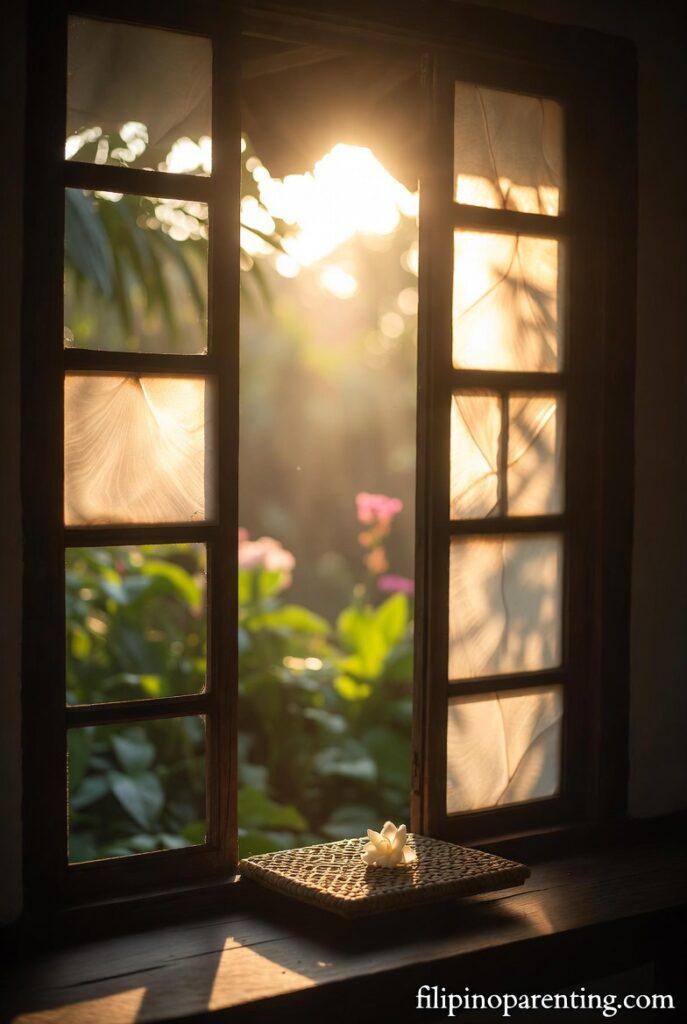 Tamang Panahon Quotes Tagalog: 5 Miraculous Reflections on Faith A Capiz window with morning light representing Tamang Panahon Quotes Tagalog.