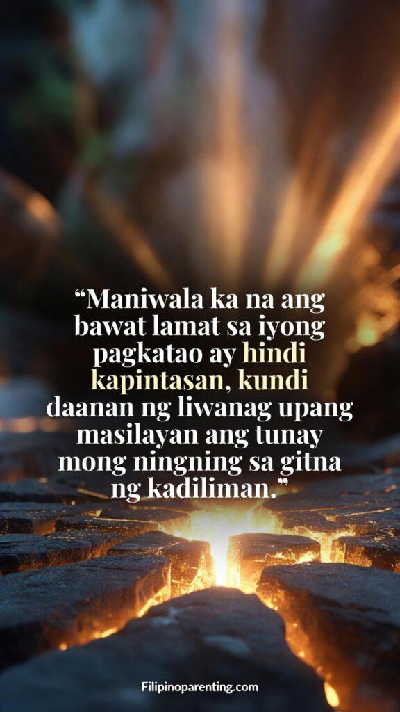 Uplifting Tagalog Phrases Overcome Self-Doubt: 5 Unstoppable Truths Golden light shining through cracks in darkness, symbolizing inner healing, with Tagalog quote.