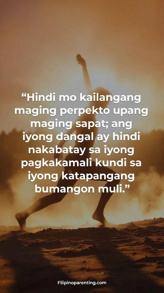 Uplifting Tagalog Phrases Overcome Self-Doubt: 5 Unstoppable Truths A person rising with morning light behind them, symbolizing courage, with Tagalog quote.