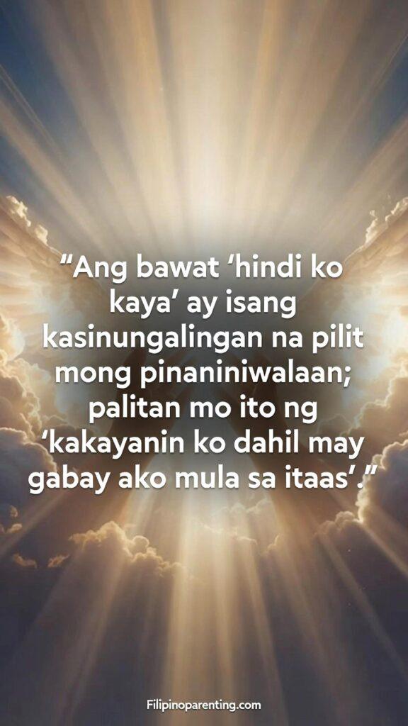 Uplifting Tagalog Phrases Overcome Self-Doubt: 5 Unstoppable Truths Heavenly light breaking through clouds with Tagalog quote about divine guidance.