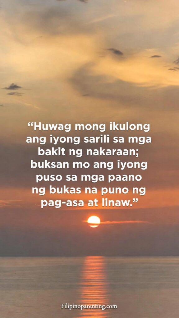 Uplifting Tagalog Phrases Overcome Self-Doubt: 5 Unstoppable Truths Sunrise over a calm horizon with Tagalog quote about hope and clarity.