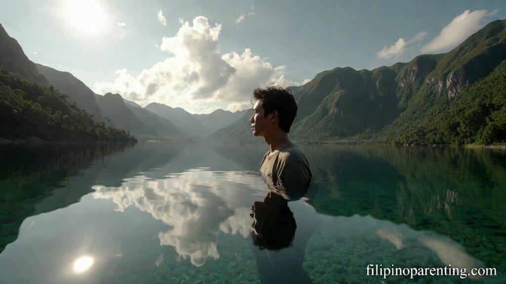 Uplifting Tagalog Phrases Overcome Self-Doubt: 5 Unstoppable Truths A person looking at their reflection in a clear lake representing Uplifting Tagalog Phrases Overcome Self-Doubt.