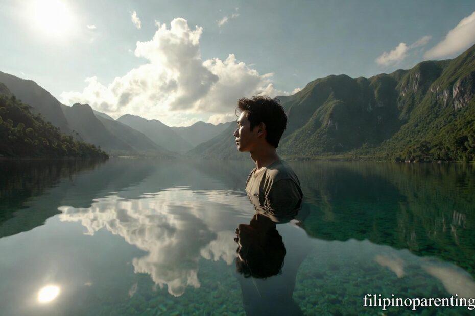 A person looking at their reflection in a clear lake representing Uplifting Tagalog Phrases Overcome Self-Doubt.