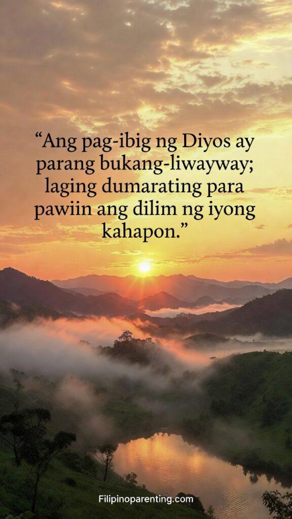 Uplifting Tagalog Quotes God’s Unfailing Love Grace: 5 Unstoppable Truths A serene landscape of a golden sunrise over a quiet mountain range, symbolizing new beginnings.