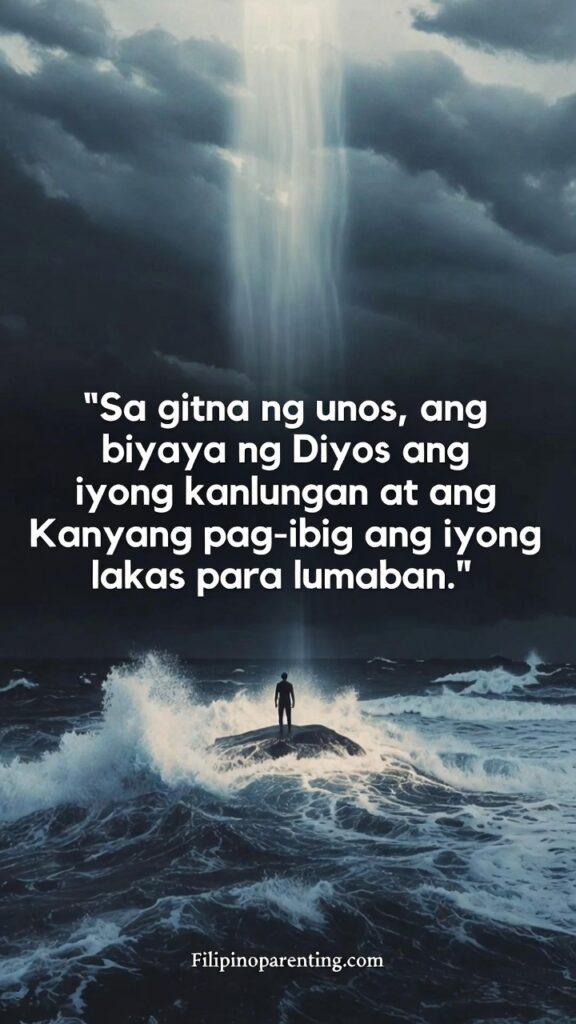 Uplifting Tagalog Quotes God’s Unfailing Love Grace: 5 Unstoppable Truths A silhouette of a person standing strong on a cliffside during a heavy rainstorm, looking toward a light in the distance.