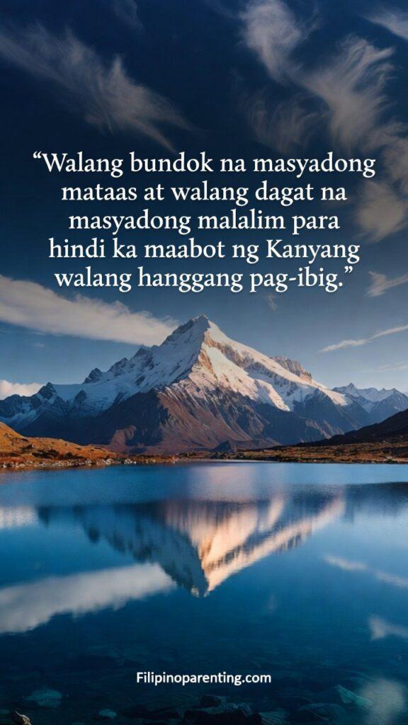 Uplifting Tagalog Quotes God’s Unfailing Love Grace: 5 Unstoppable Truths A vast, wide-angle view of towering mountains reflecting in a deep, still lake.