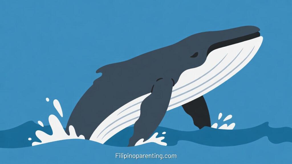 Whale in Tagalog (Balyena): Discover 12 Powerful Example Sentences for Epic Whale Watching Adventures A simple flat color illustration of a Whale in Tagalog called a balyena breaching the water.