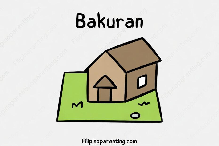 Cartoon illustration of a house with a green yard for learning the Tagalog word Bakuran.