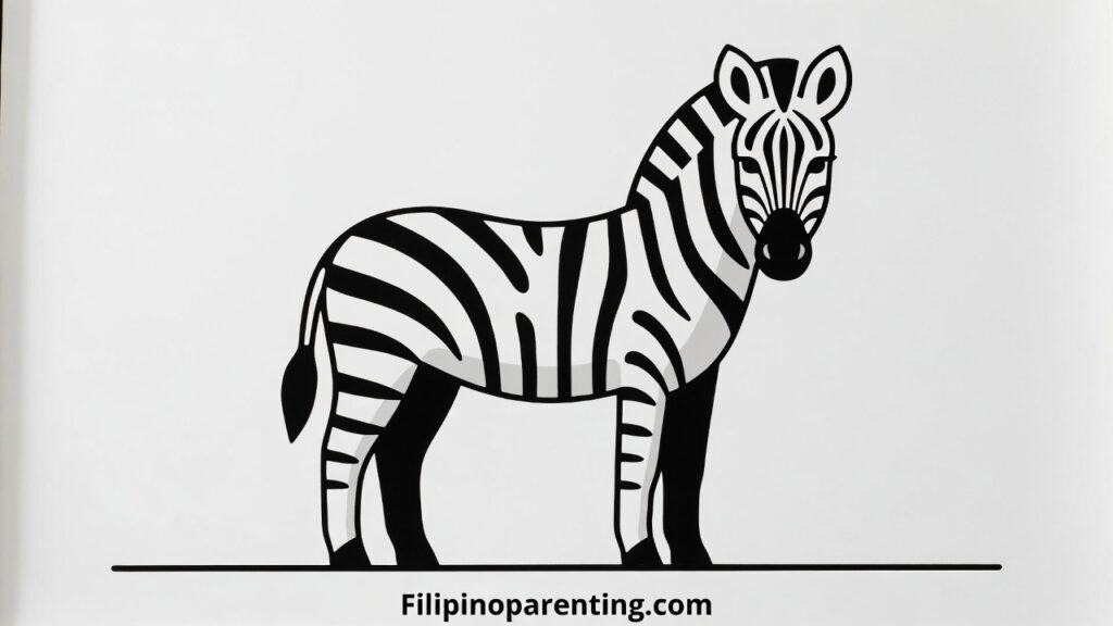 Zebra in Tagalog: Unlock 12 Essential Example Sentences for Incredible Animal & Wildlife Vocabulary Mastery Black and white minimalist illustration of a zebra for learning the Tagalog word Sebra.
