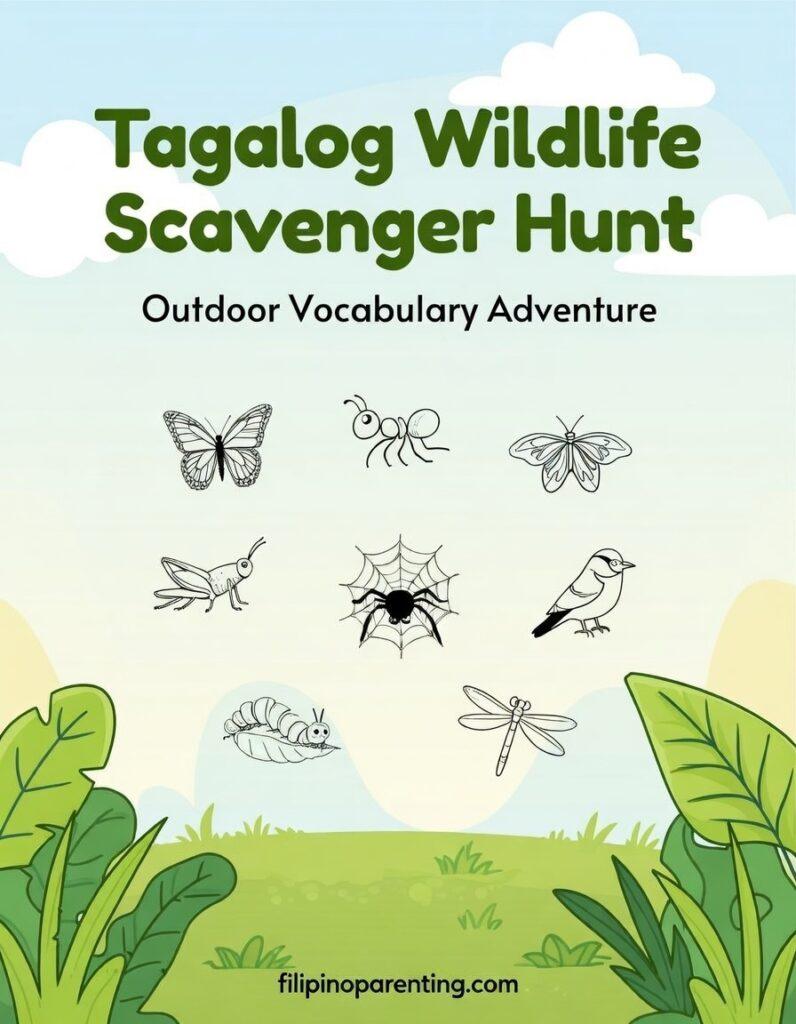 8 Fascinating Items to Find: Filipino Wildlife Scavenger Hunt (FREE Printable PDF) Filipino Wildlife Scavenger Hunt Cover Page with illustrations of Filipino insects and birds.