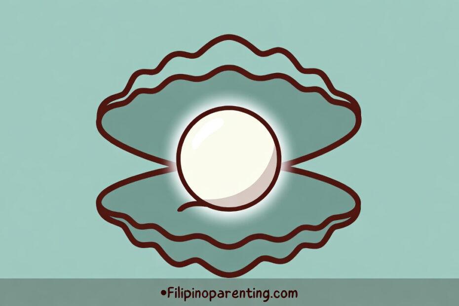 Pambansang Hiyas Perlas: A stylized vector illustration of a glowing white pearl inside an open oyster shell, representing the Philippine national gem.
