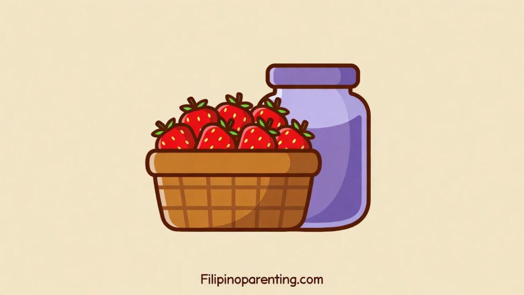 Baguio Tagalog Words: 20 Essential & Beautiful Terms for Your Mountain Adventure Baguio Tagalog Words: A stylized vector illustration of a basket of fresh strawberries and a jar of purple ube or strawberry jam.