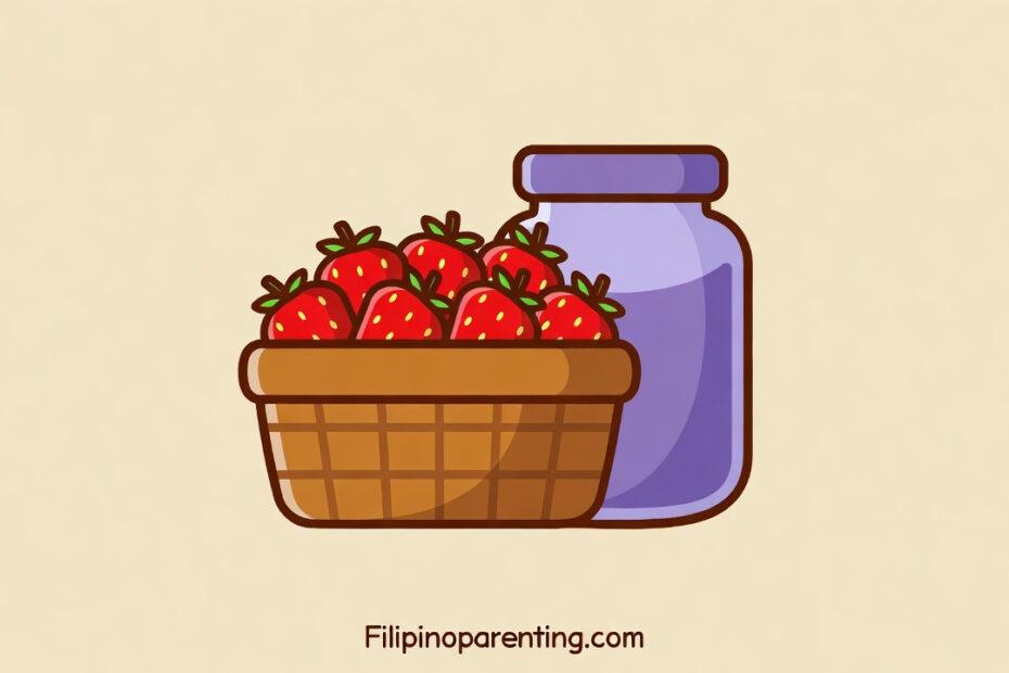 Baguio Tagalog Words: A stylized vector illustration of a basket of fresh strawberries and a jar of purple ube or strawberry jam.