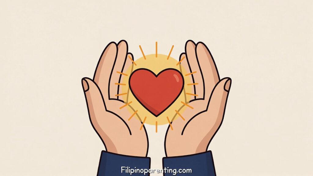 Boyfriend in Tagalog: 30+ Beautiful Words & Phrases to Describe Him Boyfriend in Tagalog: A stylized vector illustration of two hands cupped around a glowing red heart, representing 30+ beautiful words describing your boyfriend.