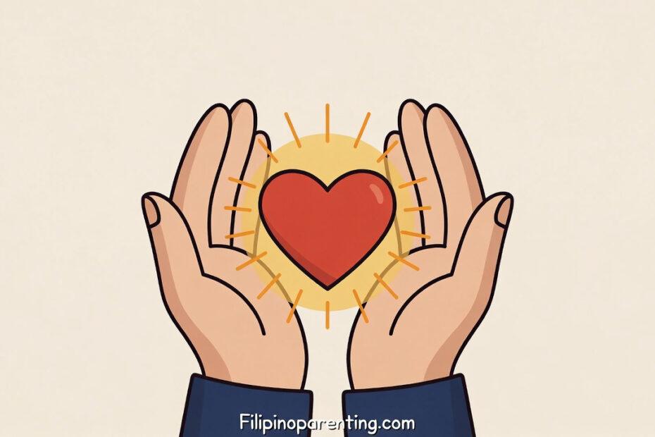Boyfriend in Tagalog: 30+ Beautiful Words & Phrases to Describe Him Boyfriend in Tagalog: A stylized vector illustration of two hands cupped around a glowing red heart, representing 30+ beautiful words describing your boyfriend.