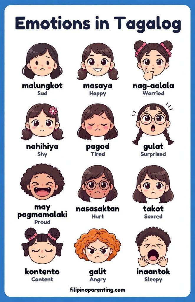 Emotions Vocabulary Word List in Tagalog: 40+ Best & Powerful Words Emotions Vocabulary Word List in Tagalog featuring an extensive reference guide with English translations for advanced learners and parents.
