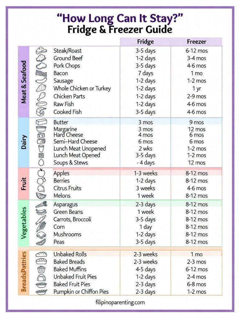 10 Filipino Cooking Conversions to Master in Your Kitchen Infographic showing the fridge and freezer shelf life guide for meat, dairy, fruit, and vegetables in Filipino households.
