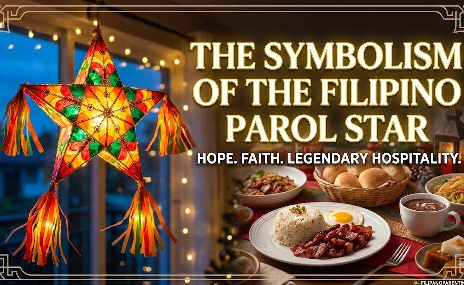 A glowing Filipino parol star lantern hanging in a window next to a traditional breakfast feast with garlic rice and longganisa.