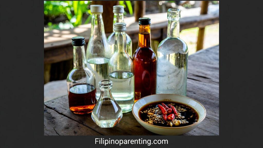 Vinegar in Tagalog: Unlock 12 Essential Example Sentences for Incredible Filipino Sawsawan Mastery A collection of traditional Filipino vinegar in Tagalog known as suka, featuring Sukang Tuba and Sukang Maasim with a garlic dipping sauce.