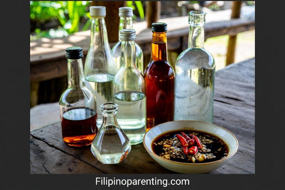 A collection of traditional Filipino vinegar in Tagalog known as suka, featuring Sukang Tuba and Sukang Maasim with a garlic dipping sauce.