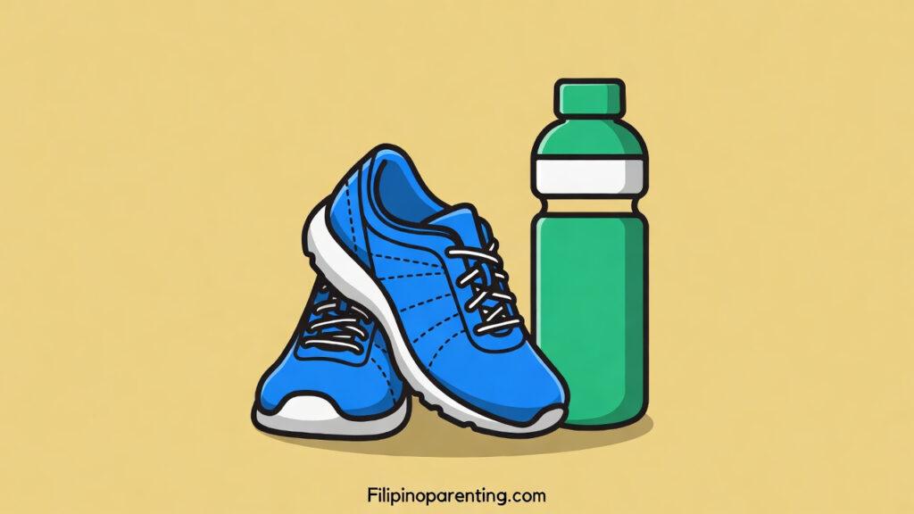 Fitness in Tagalog: 10 Amazing & Essential Terms to Boost Your Pinoy Workout Routine Fitness in Tagalog: A stylized vector illustration of blue running shoes and a green water bottle, symbolizing active lifestyle and hydration.