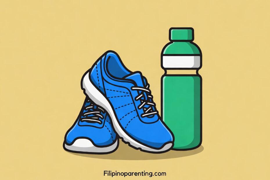 Fitness in Tagalog: A stylized vector illustration of blue running shoes and a green water bottle, symbolizing active lifestyle and hydration.